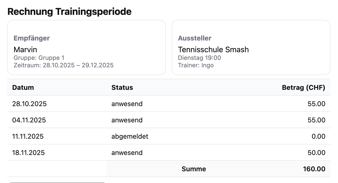 Spielerabrechnung mit Kostenübersicht
